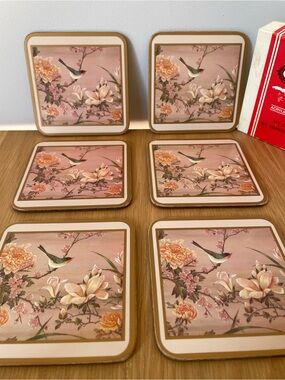 Vintage Pimpernel Acrylic Coasters with Box Birds and Flowers Pattern